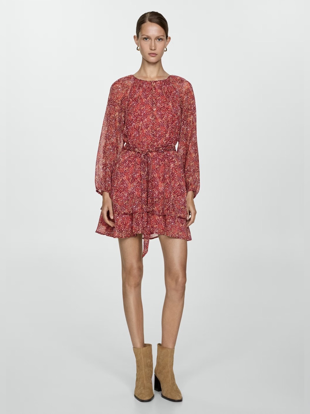 Mango Red Floral-Print Long-Sleeve Mini Dress